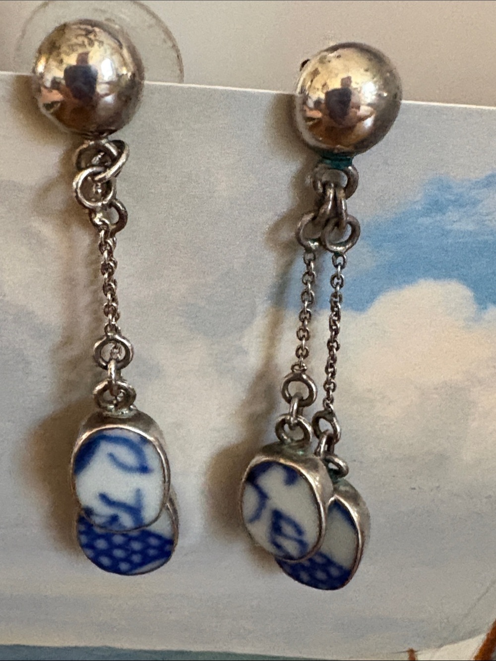 Sterling Silver Blue and White Porcelain Chinoiserie China Drop Earrings